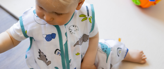toddler in dinosaur muslin summer sleeping bag with feet