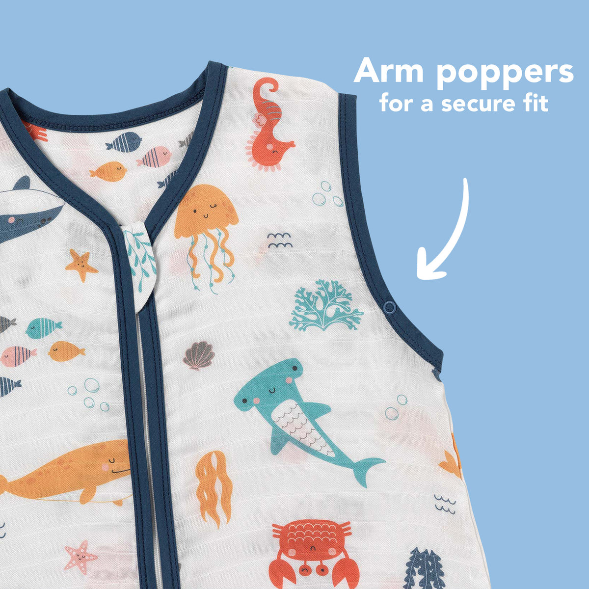 Muslin Sleeping Bag with Feet - 0.5 TOG_Under the Sea_sleeve area_412