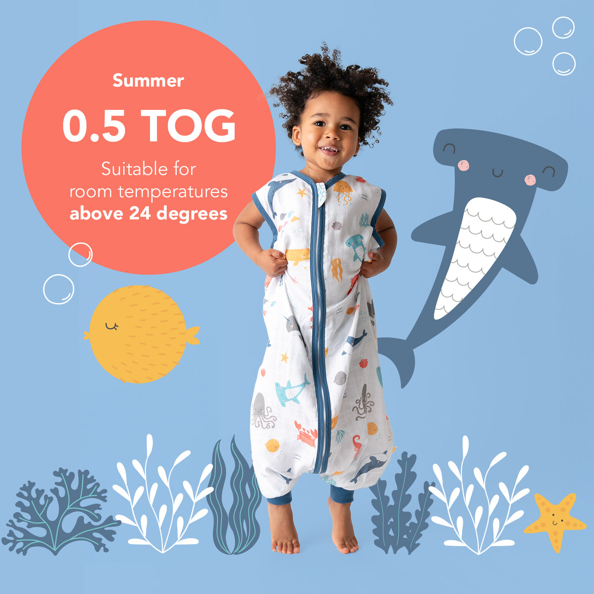 Muslin Sleeping Bag with Feet - 0.5 TOG_Under the Sea_TOG_412