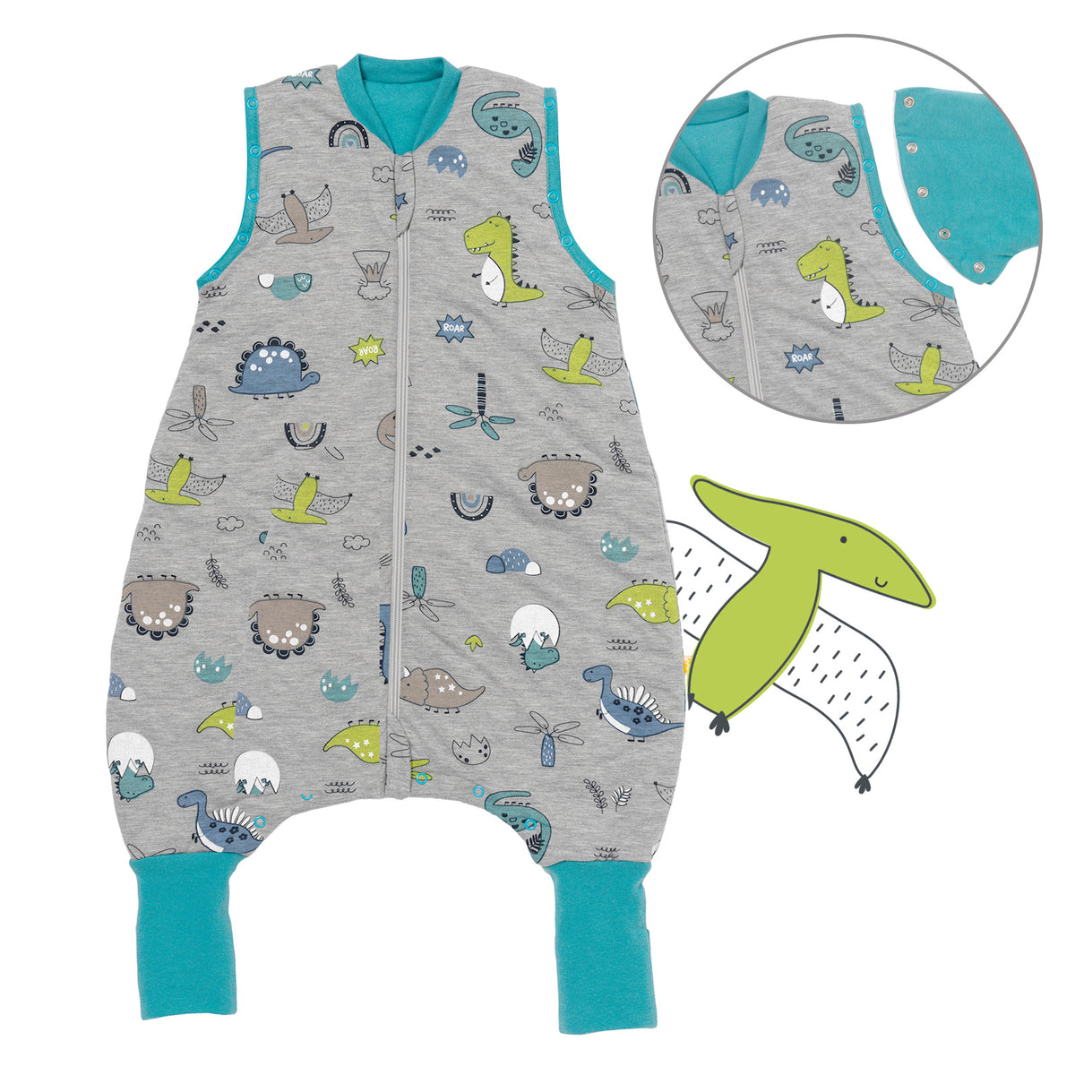 Sleeping Bag with Feet Foldable Feet Covers & Sleeves - 1.0 TOG_Dino_Front with armhole_1182