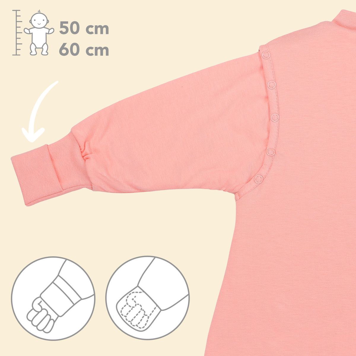 Sleeping Bag with Feet Foldable Feet Covers & Sleeves - 1.0 TOG_Peach_Cuffs_1200