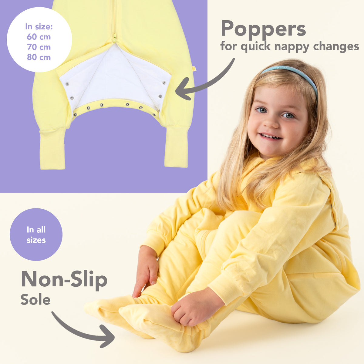 Sleeping Bag with Feet Foldable Feet Covers & Sleeves - 1.0 TOG_Soft Yellow_foot area_1200
