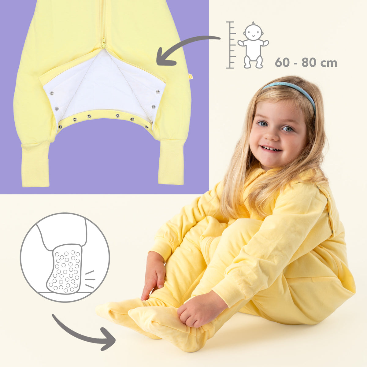 Sleeping Bag with Feet Foldable Feet Covers & Sleeves - 1.0 TOG_Soft Yellow_foot area_1200