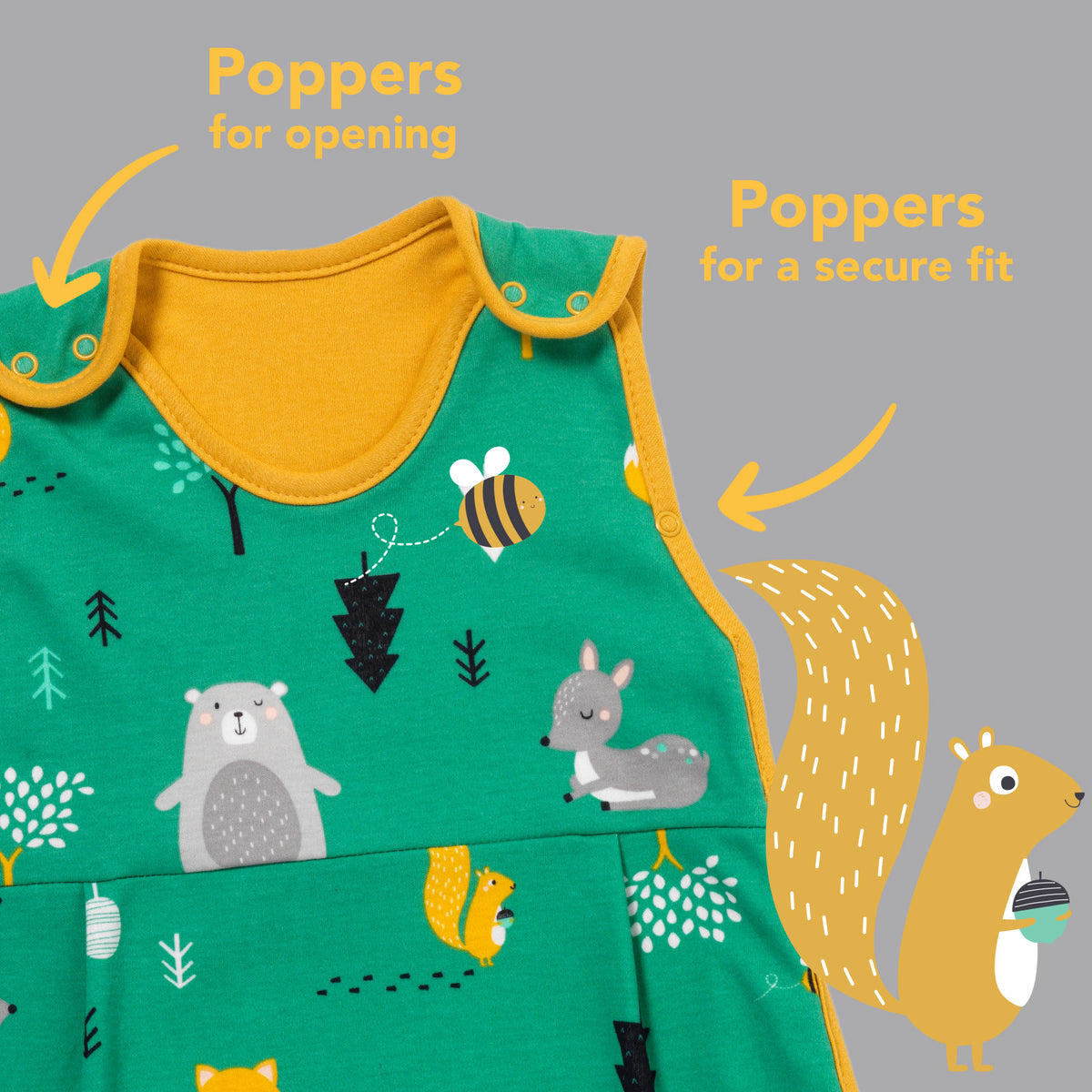 Organic Baby Sleeping Bag - 1.0 TOG_Woodland Animals_sleeve area_421