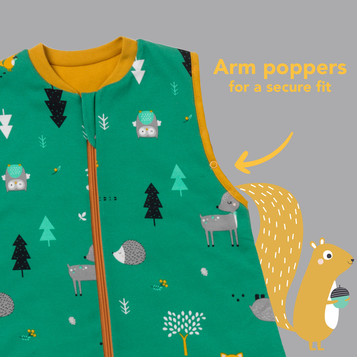 Organic Baby Sleeping Bag - 1.0 TOG_Woodland Animals_sleeve area_421