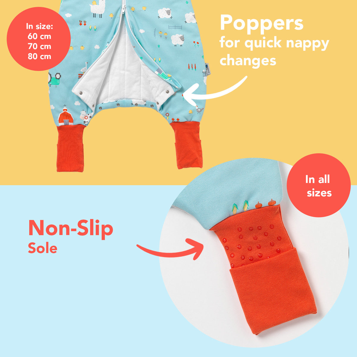 Organic Sleeping Bag with Feet & Foldable Feet Covers - 1.0 TOG_Farmyard_foot area_419