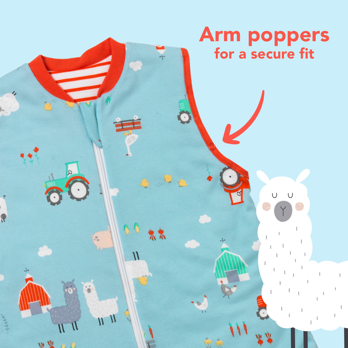 Organic Sleeping Bag with Feet & Foldable Feet Covers - 1.0 TOG_Farmyard_sleeve area_419