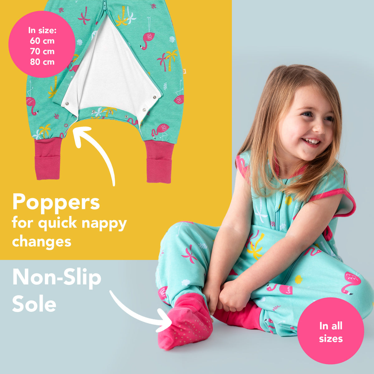 Organic Sleeping Bag with Feet & Foldable Feet Covers - 1.0 TOG_Flamingo_foot area_419