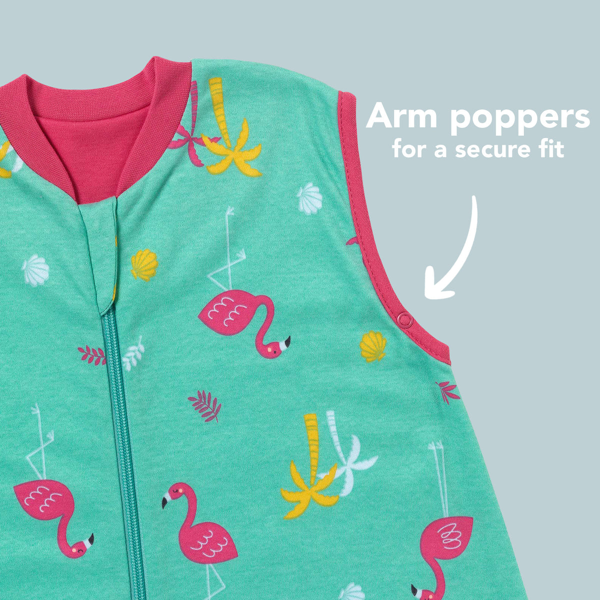 Organic Sleeping Bag with Feet & Foldable Feet Covers - 1.0 TOG_Flamingo_sleeve area_419