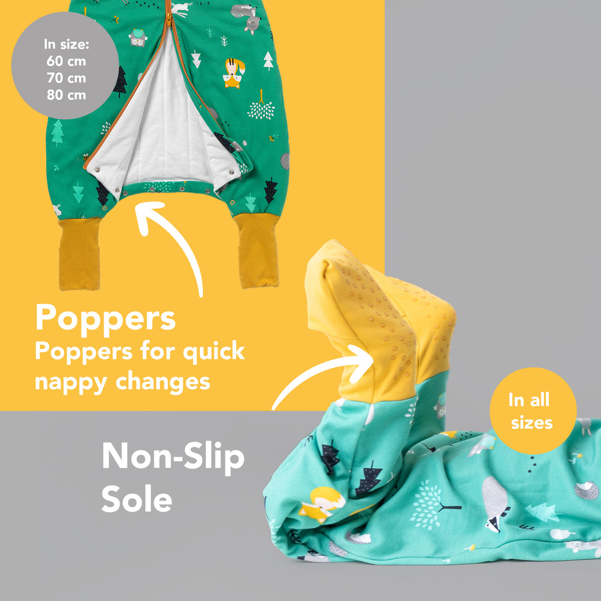 Organic Sleeping Bag with Feet & Foldable Feet Covers - 1.0 TOG_Woodland Animals_foot area_419