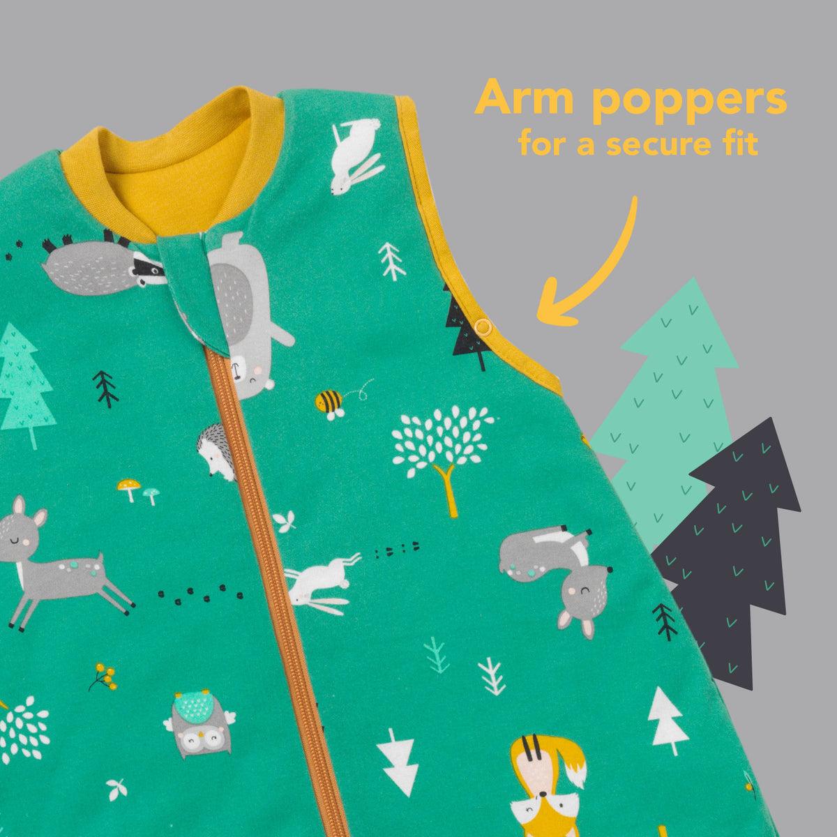 Organic Sleeping Bag with Feet & Foldable Feet Covers - 1.0 TOG_Woodland Animals_sleeve area_419