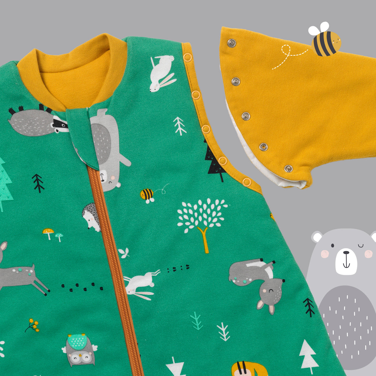 Organic Sleeping Bag with Detachable Sleeves - 2.5 TOG_Woodland Animals_sleeve area_466