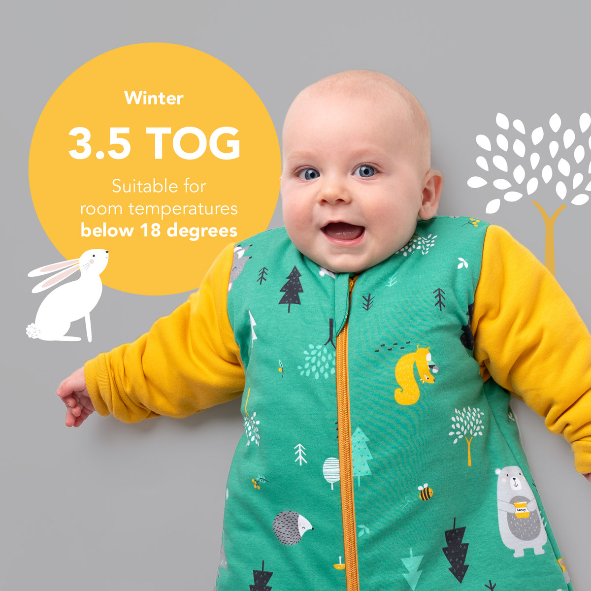 Organic Long Sleeve Baby Sleeping Bag - 3.5 TOG_Woodland Animals_TOG_472