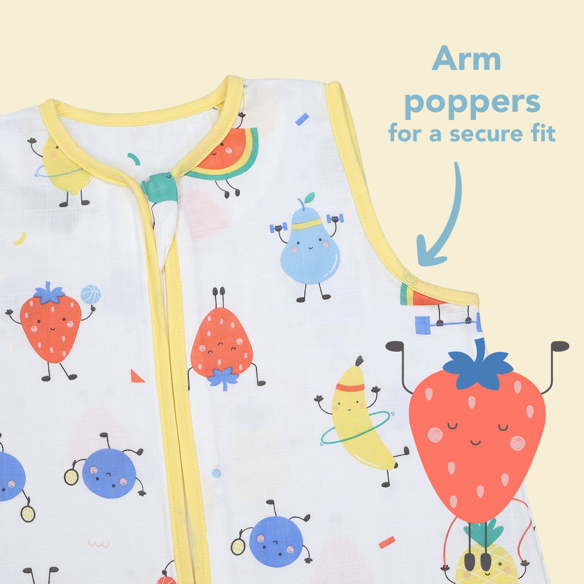 Muslin Sleeping Bag with Feet - 0.5 TOG_Sporty Fruit_sleeve area_412