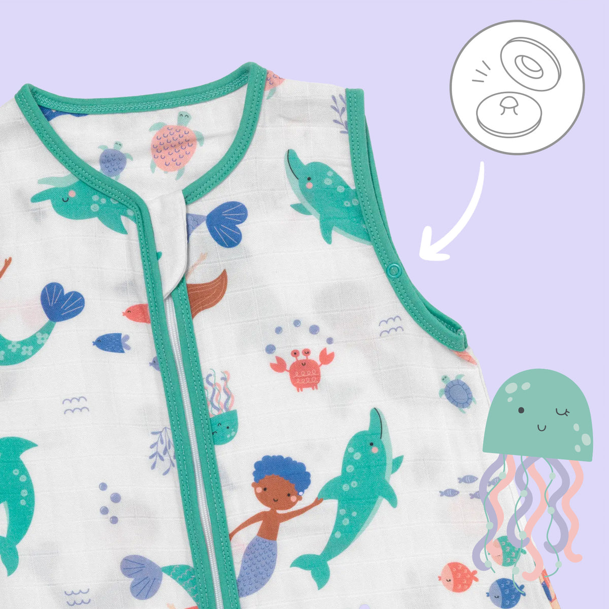 Muslin Sleeping Bag with Feet - 0.5 TOG_Mermaid_sleeve area_412