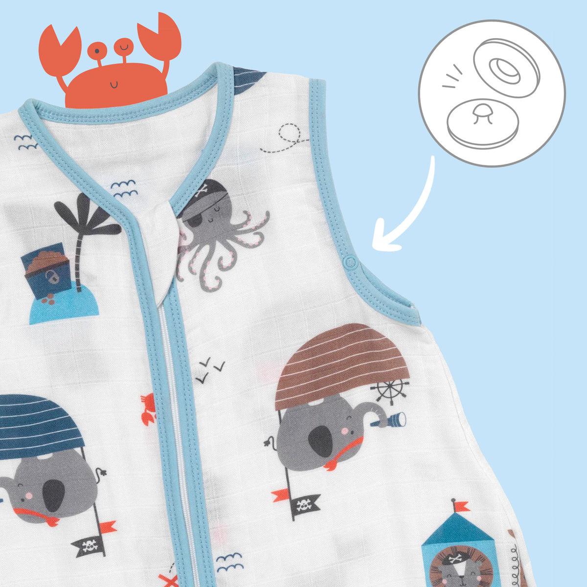 Muslin Sleeping Bag with Feet - 0.5 TOG_Pirate_sleeve area_412
