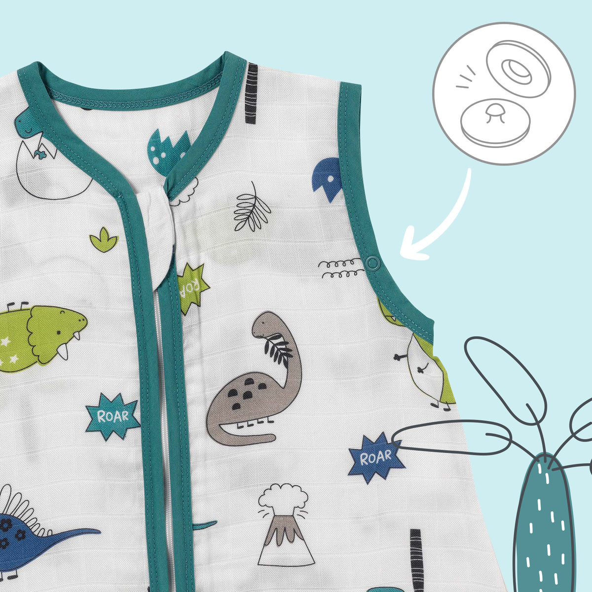Muslin Baby Sleeping Bag - 0.5 TOG_Dino_sleeve area_415