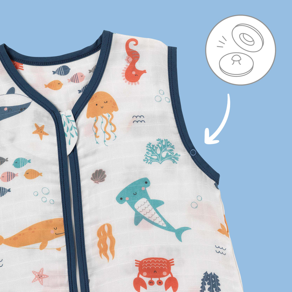 Muslin Baby Sleeping Bag - 0.5 TOG_Under the Sea_sleeve area_415