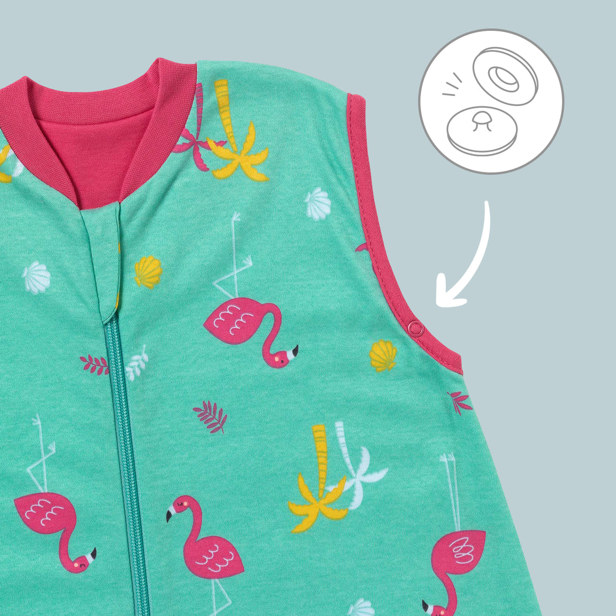 Organic Sleeping Bag with Feet & Foldable Feet Covers - 1.0 TOG_Flamingo_sleeve area_419