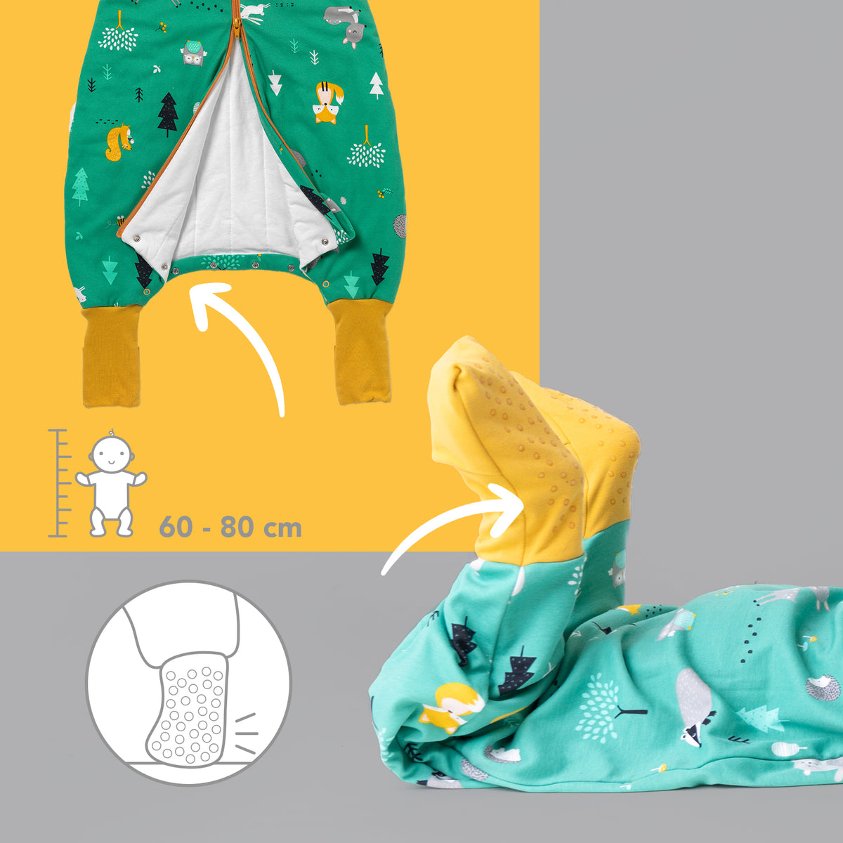 Organic Sleeping Bag with Feet & Foldable Feet Covers - 1.0 TOG_Woodland Animals_foot area_419