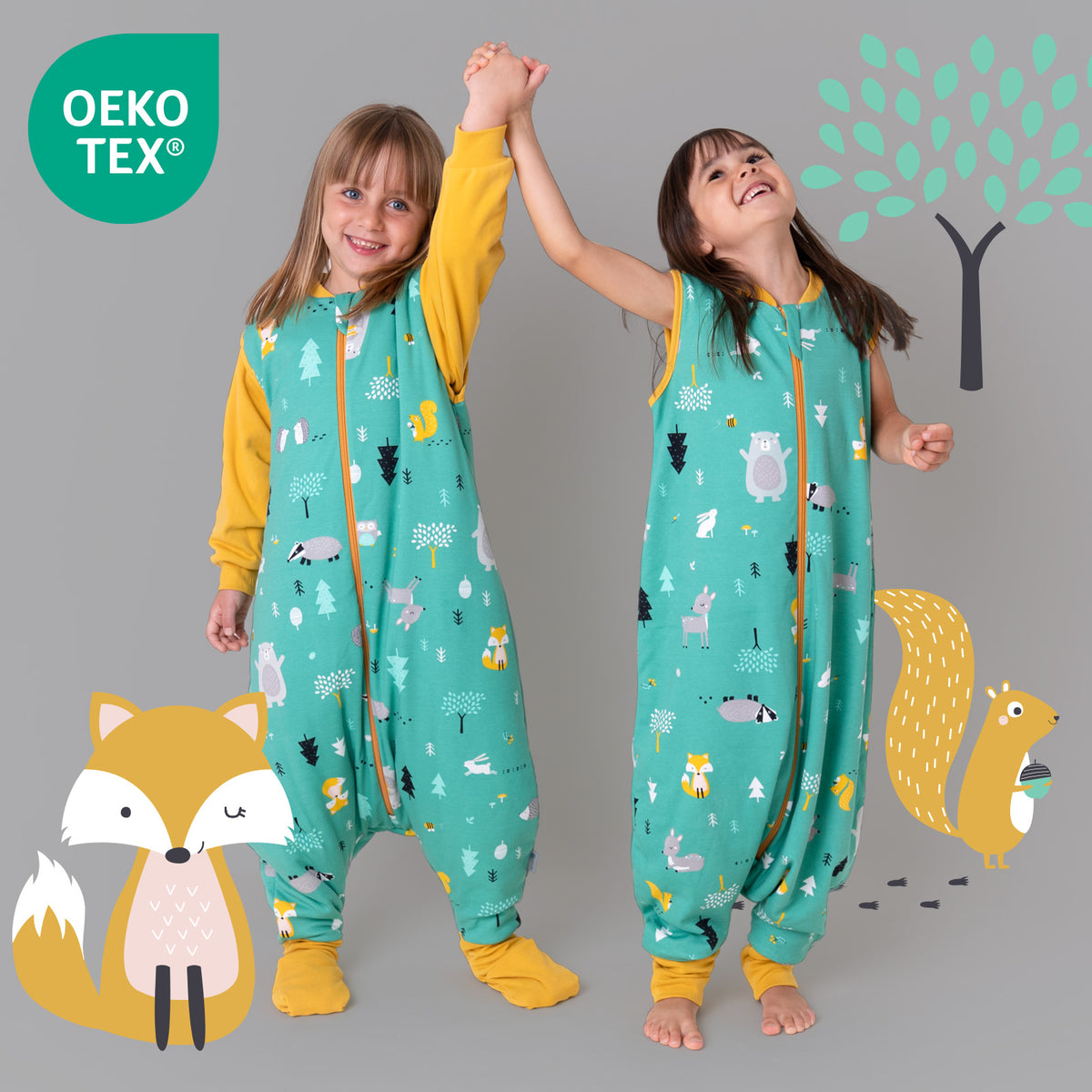 Organic Sleeping Bag with Feet & Foldable Feet Covers - 3.5 TOG_Woodland Animals_OEKOTEX_469