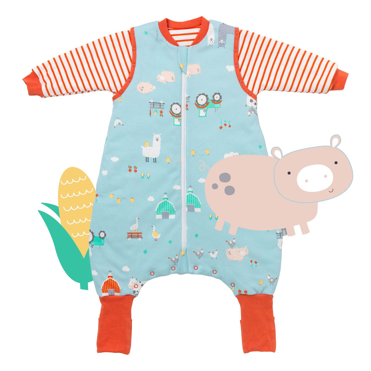 Organic Sleeping Bag with Feet & Foldable Feet Covers - 3.5 TOG_Farmyard_front_469