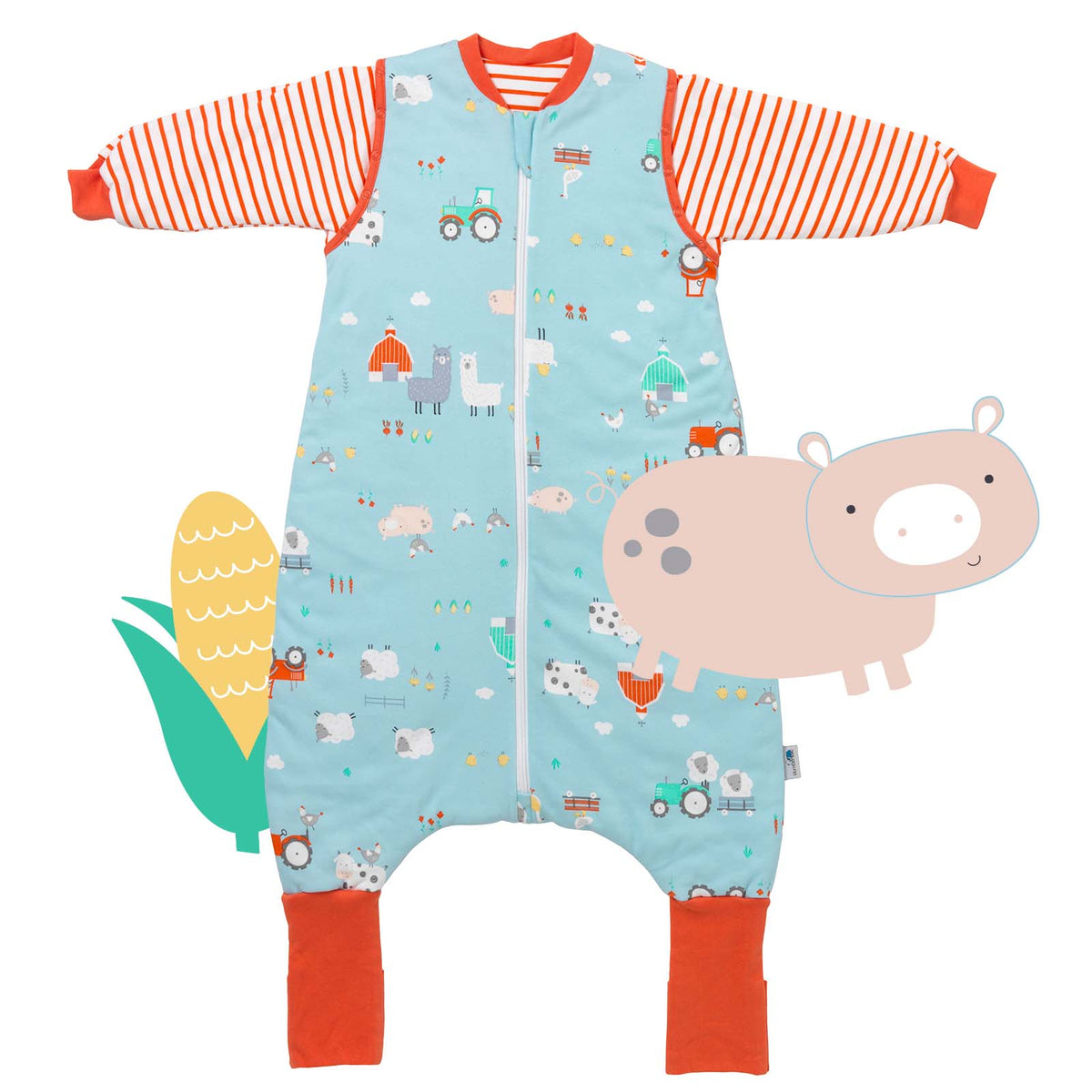 Organic Sleeping Bag with Feet & Foldable Feet Covers - 3.5 TOG_Farmyard_front_469