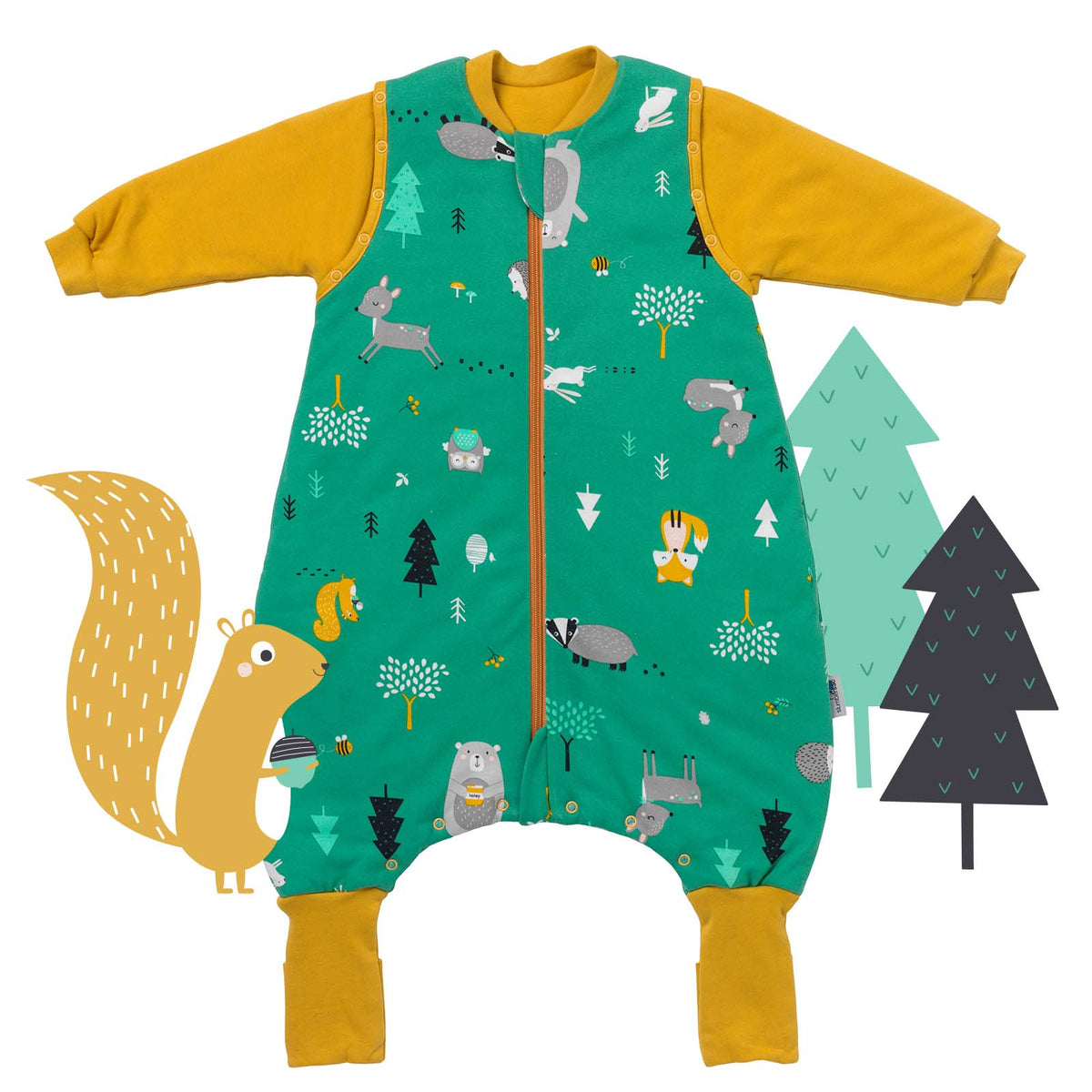 Organic Sleeping Bag with Feet & Foldable Feet Covers - 3.5 TOG_Woodland Animals_front_469