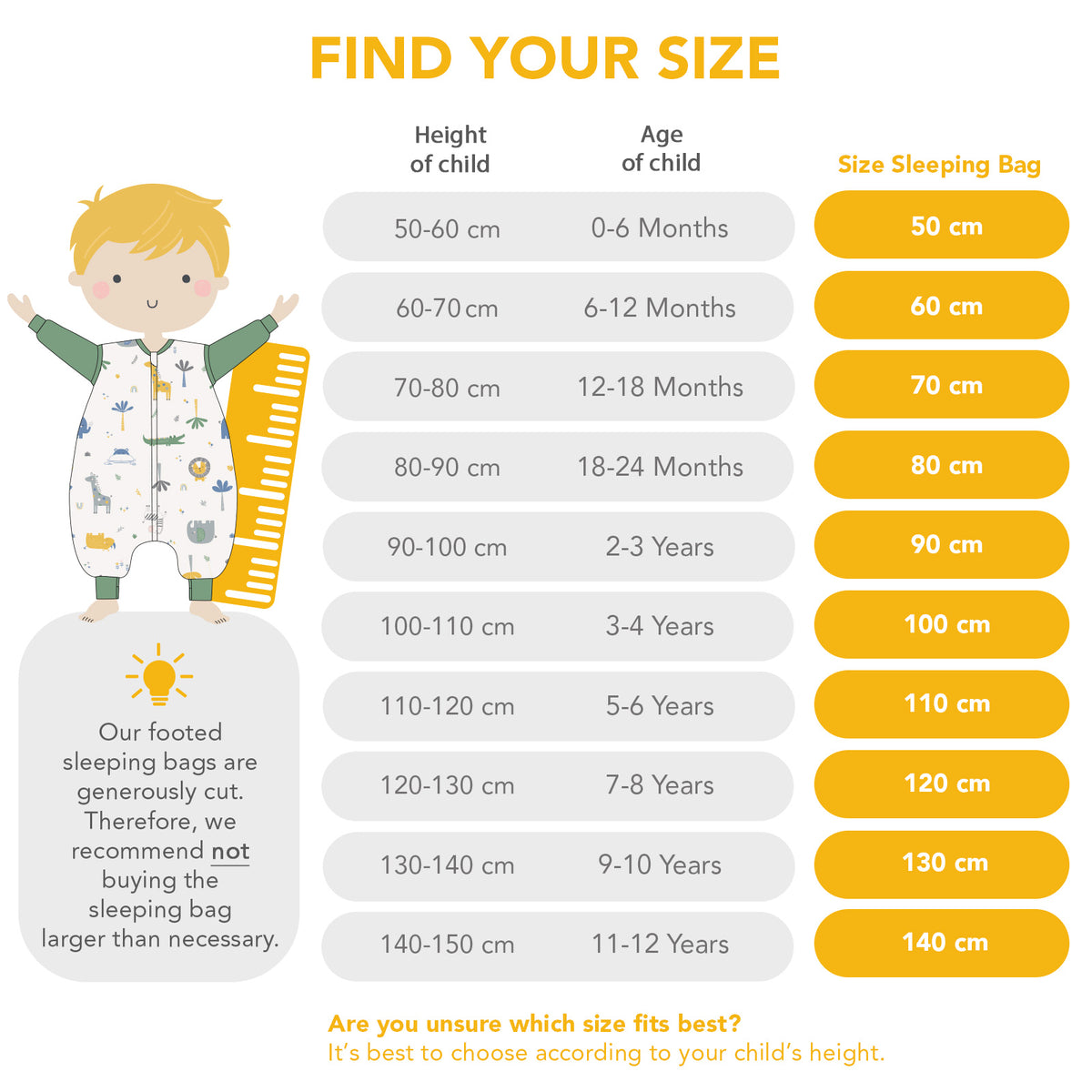 Organic Sleeping Bag with Feet & Foldable Feet Covers - 3.5 TOG_size chart_469