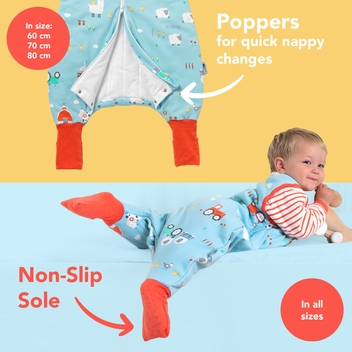 Organic Sleeping Bag with Feet & Foldable Feet Covers - 3.5 TOG_Farmyard_foot area_469