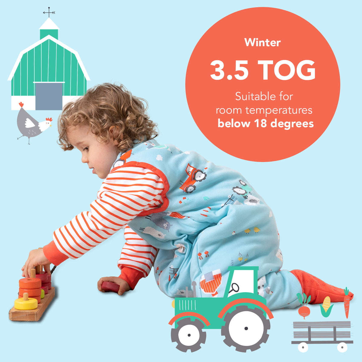 Organic Sleeping Bag with Feet & Foldable Feet Covers - 3.5 TOG_Farmyard_TOG_469