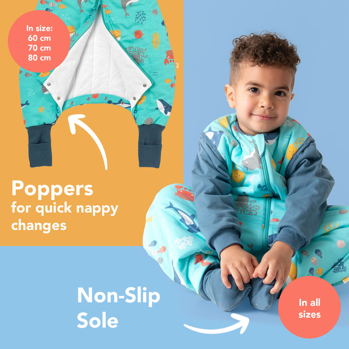 Sleeping Bag with Feet & Foldable Feet Covers - 3.5 TOG_Under the Sea_foot area_468