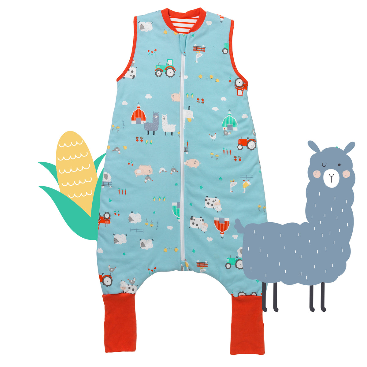 Organic Sleeping Bag with Feet & Foldable Feet Covers - 1.0 TOG_Farmyard_front_419